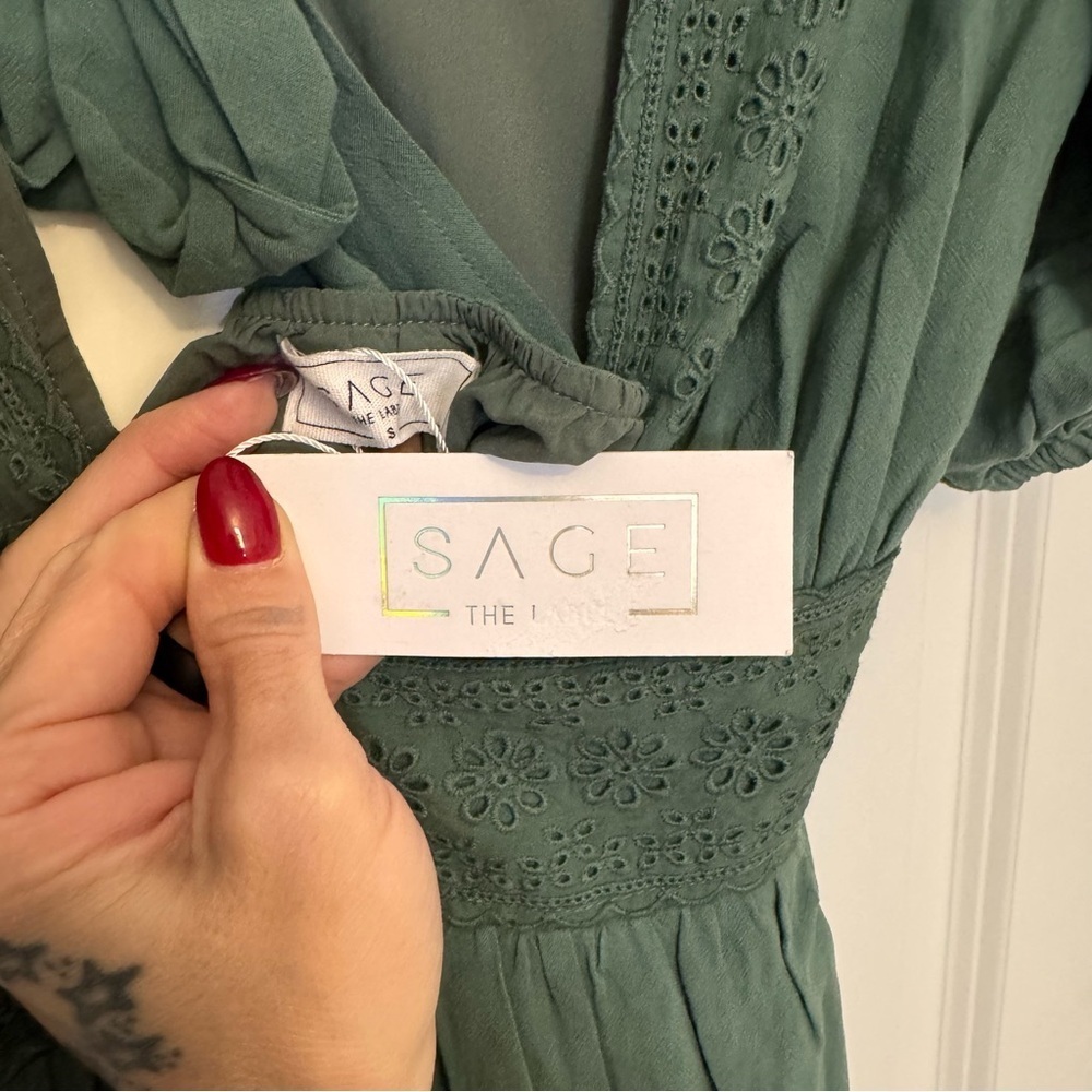 Sage Green Lace-Trimmed Dress - Picture 2 of 3